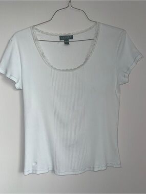 Ralph Lauren White Scoop Neck Short Sleeve Tee with Lace Trim